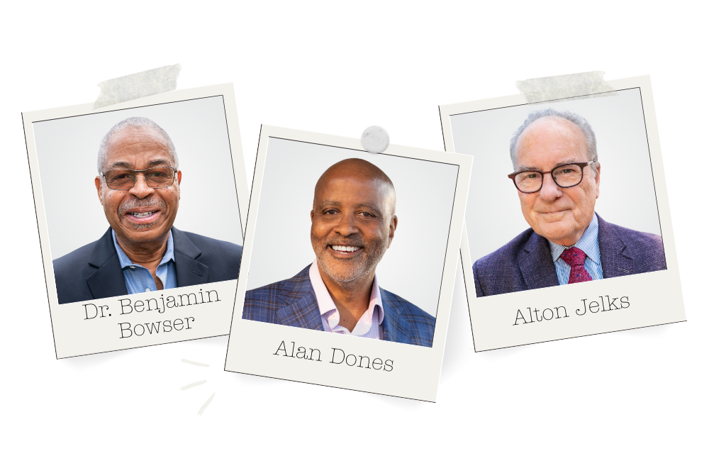 Headshots of Dr. Benjamin Bowser, Alan Dones and Alton Jelks