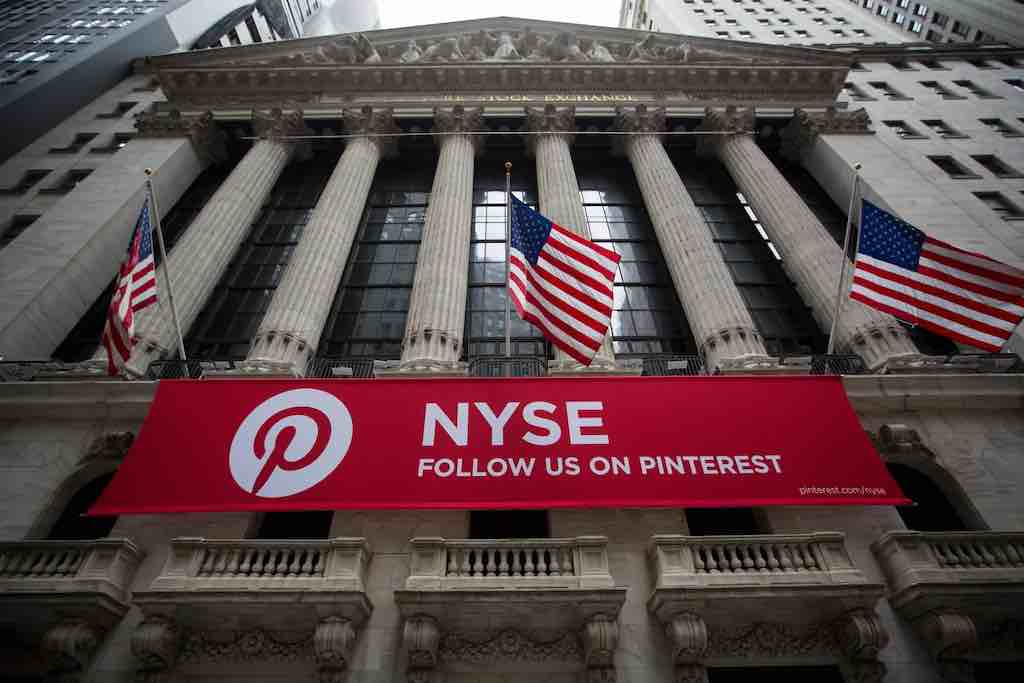 A Pinterest NYSE banner hangs outside NYSE building