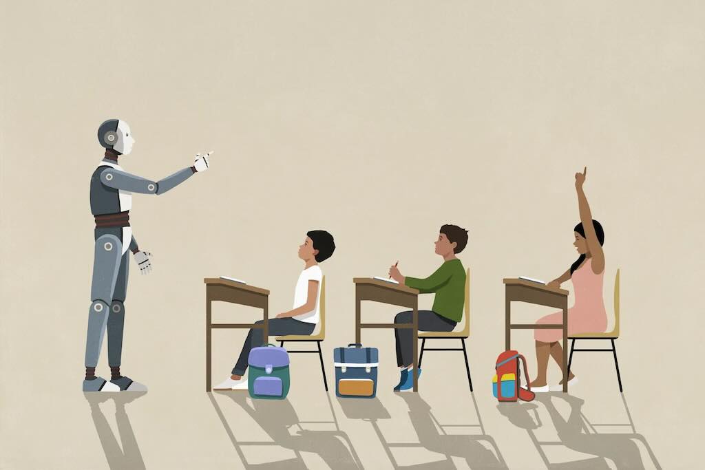 illustration of robot teaching students in class