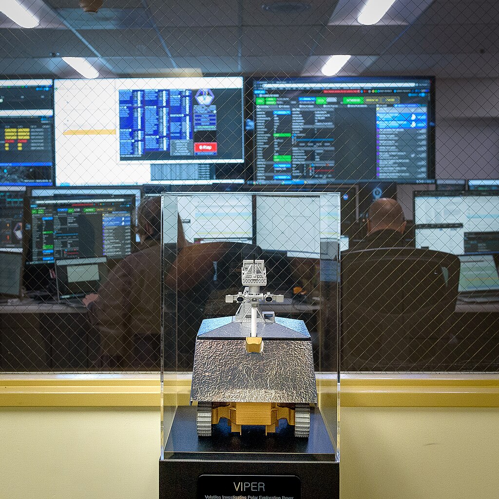 Volatiles Investigating Polar Exploration Rover (VIPER) model on display in front of the Multi-Mission Operations Center (MMOC), N240A.