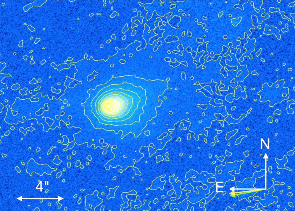 Combined 130 s F350LP image of 3I/ATLAS showing diffuse asymmetric emission to the north west. The image is contour mapped to highlight faint features, with scale bar and direction arrows shown. The yellow and green arrows mark, respectively, the projected negative heliocentric velocity vector and the projected anti-solar direction. Note that the bulk of the dust is sunward of the nucleus Date	Taken on 21 July 2025 Source	Figure 1 of https://arxiv.org/html/2508.02934v1 Author	David Jewitt et al. (on behalf NASA/ESA/Hubble)