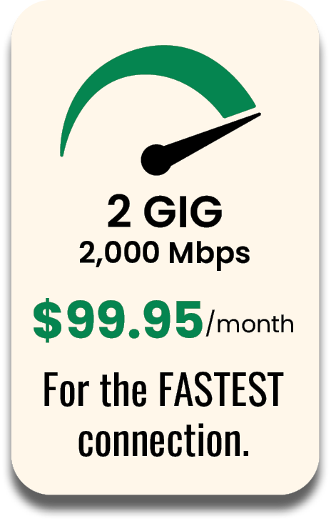 2 Gig - 2,000 Mbps $99.95 per month - For the fastest connection