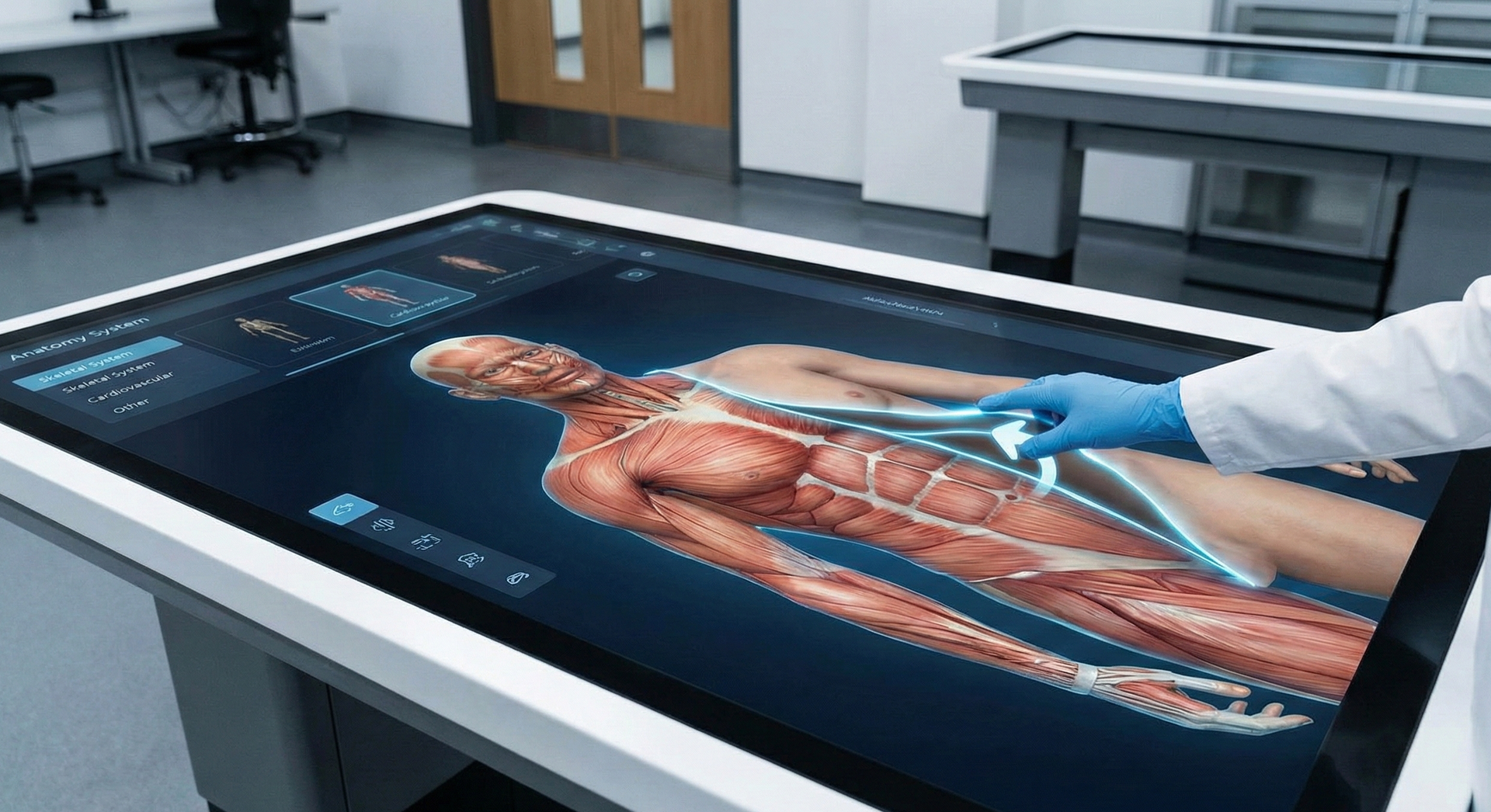 In this simulated image, a student manipulates an anatomical model to explore human physiology.