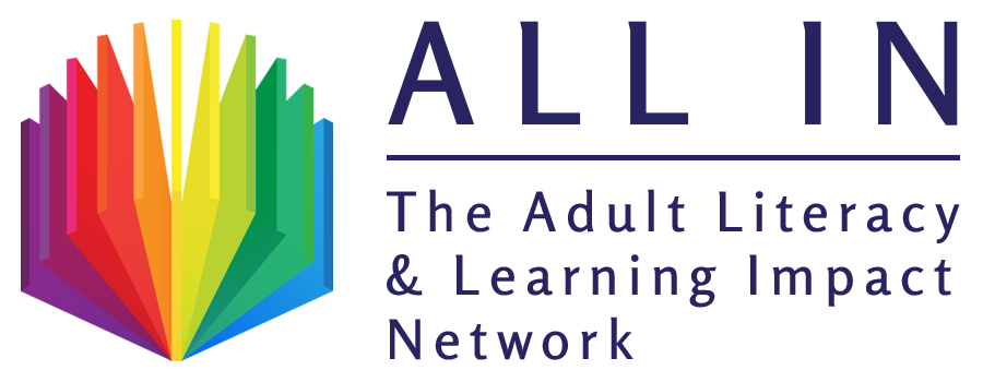 ALL IN The Adult Literacy & Learning Impact Network logo with a rainbow colored book with fanned-out pages