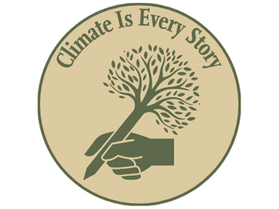 Logo for Climate Is Every Story, featuring a hand with a quill made out of a tree.