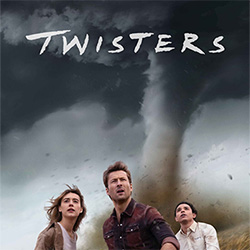 Twisters movie poster, showing three people staring at an oncoming tornado.
