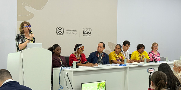 Woman speaks at podium as other panelists listen at COP30 event.