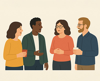 Illustration of four people standing and talking together.