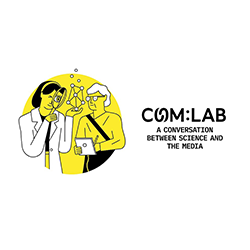 Logo consisting of an illustration of a scientist in conversation with a journalist, and the text: Com:Lab - A Conversation Between Science and the Media.