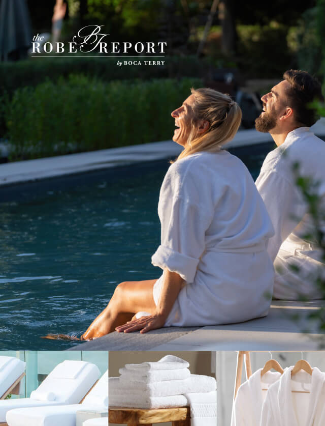 Man and woman sitting near poolside during sunrise laughing. Also featuring images of lounge chairs with covers, a set of towels on a bench and two hung robes.