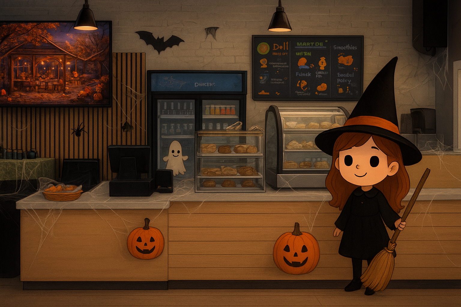 An AI generated image of our cafe with Halloween decorations such as bats and pumpkins. A cute witch stands in front of the counter holding a broom. the 