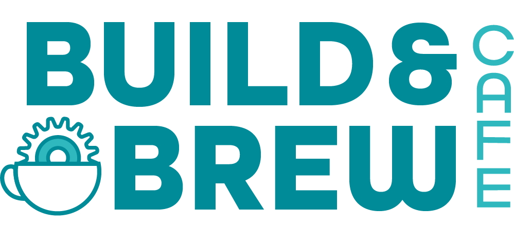 Build & Brew Cafe logo with a coffee cup that has a cog peeking out.