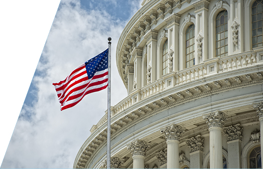 Federal building with US flag flying outside