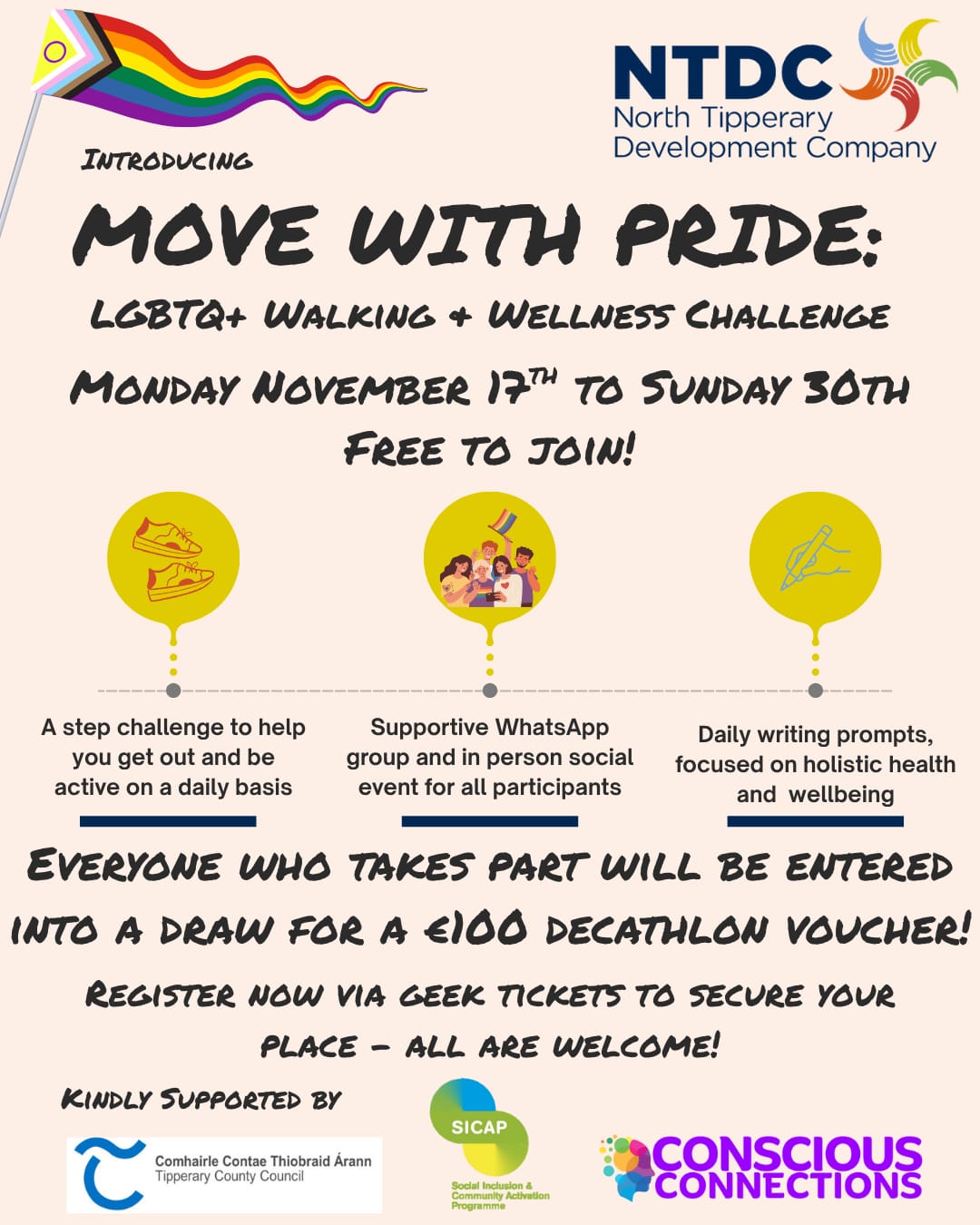 Poster: Move with Pride - LGBTQ+ walking and wellness challenge Monday 17th to Sunday 30th November free to join. details in text below