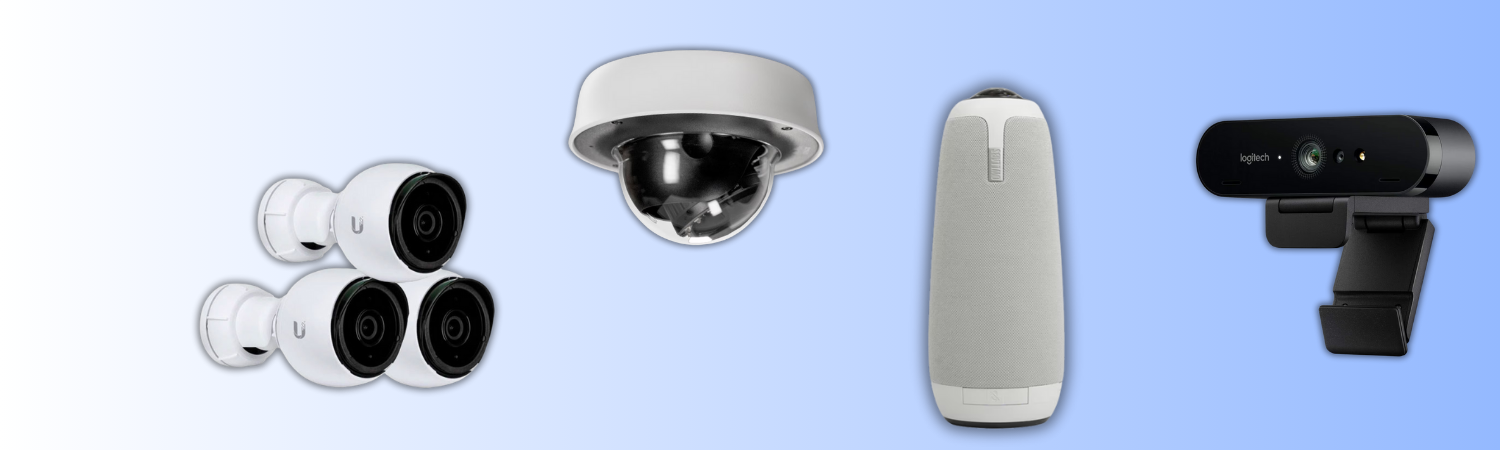 Logitech Brio webcam, Meeting Owl 3 conference camera and Ubiquiti UniFi security camera