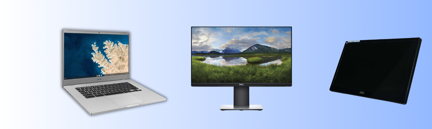 HP ProBook laptop next to Lenovo ThinkVision monitor