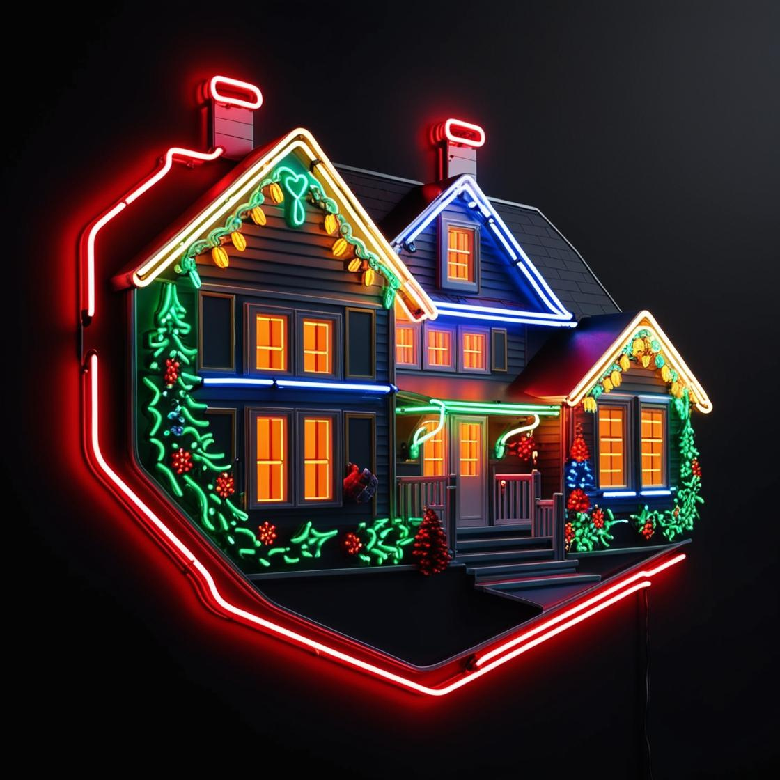 Neon light of house with decorations.