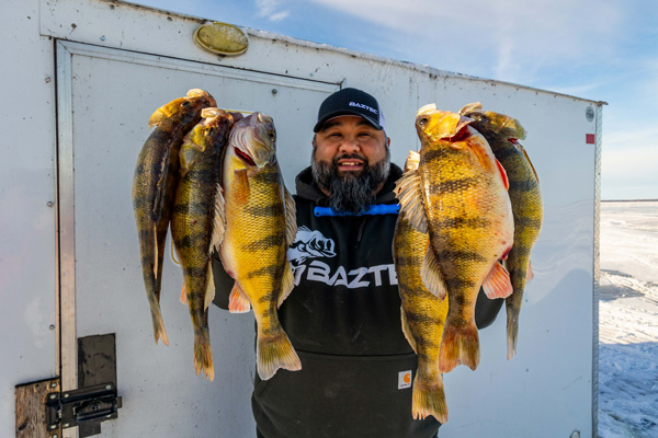 Man holding a lot of fish