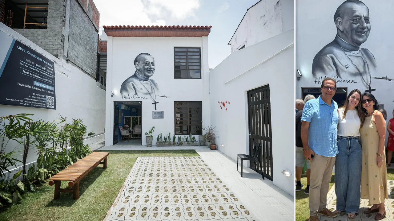 Fachada da nova sede do Centro de Documentação Dom Hélder Câmara (CEDOHC), e docentes da Escola Politécnica de Pernambuco (POLI-UPE).