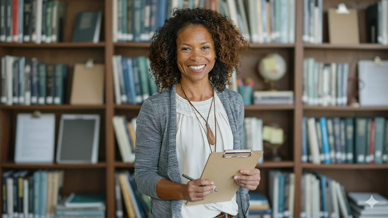 Professora sorridente numa sala com livros