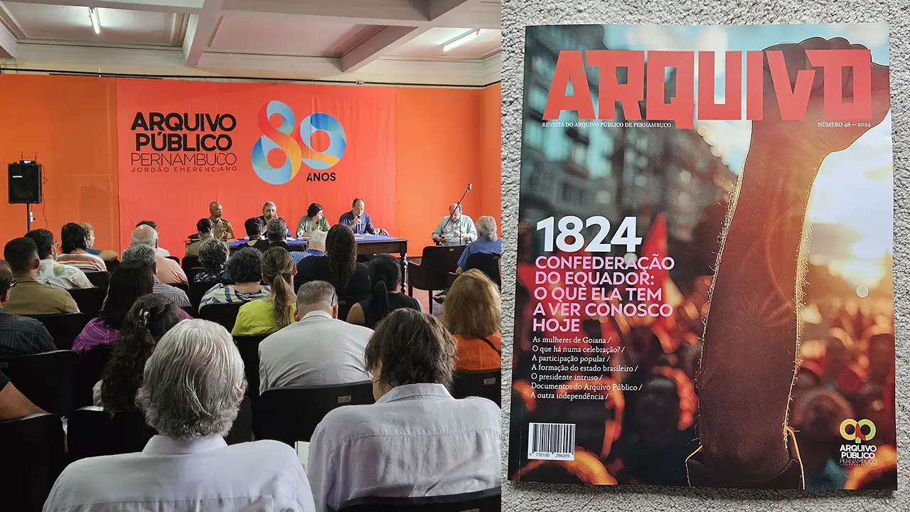 Foto do evento na sede do Arquivo Público Estadual e capa da revista Arquivo