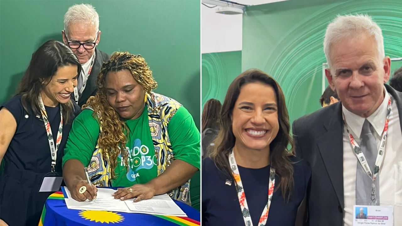 A governadora de Pernambuco, Raquel Lyra, a ativista da Rede GERA, Joyce Paixão, e o professor da UPE, Sérgio Peres, durante o evento na COP 30 em Belém do Pará.