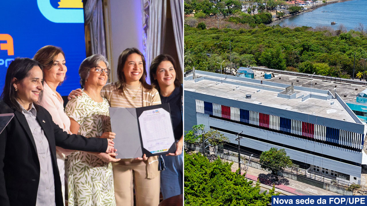 Gestores do Governo de Pernambuco e da UPE, durante o evento de anúncio do programa Inova PE. Vista aérea do novo prédio da Faculdade de Odontologia de Pernambuco (FOP/UPE).