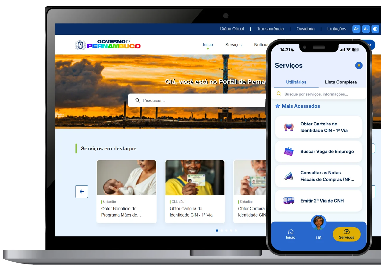 Tela inicial do site www.pe.gov.br em um notebook e um celular