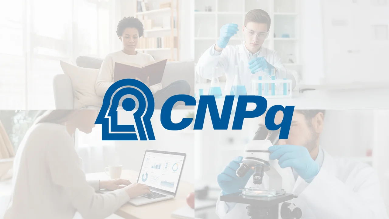 Marca do CNPq e fotos de pesquisadores lendo um livro, usando microscópio, computador e manipulando tubos de ensaio.