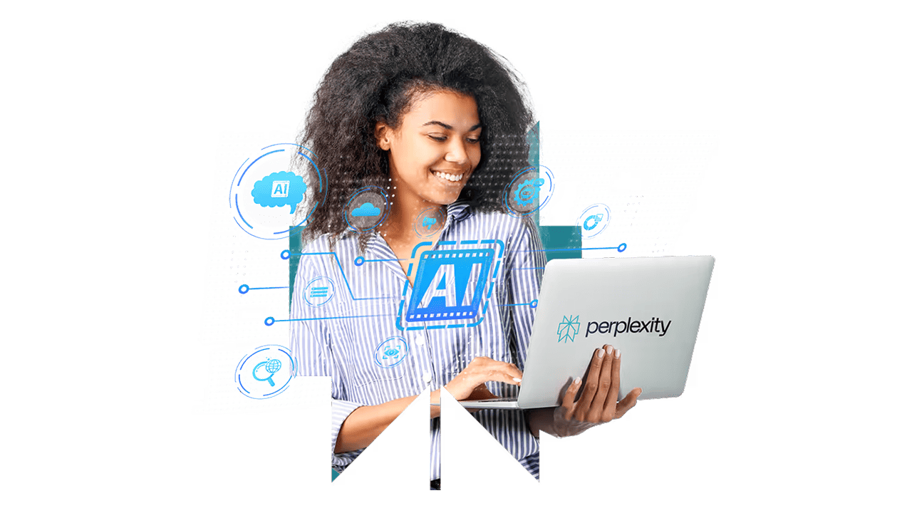 Estudante usando um notebook com a marca da ferramenta de busca Perplexity, junto com imagens alusivas à Inteligência Artificial