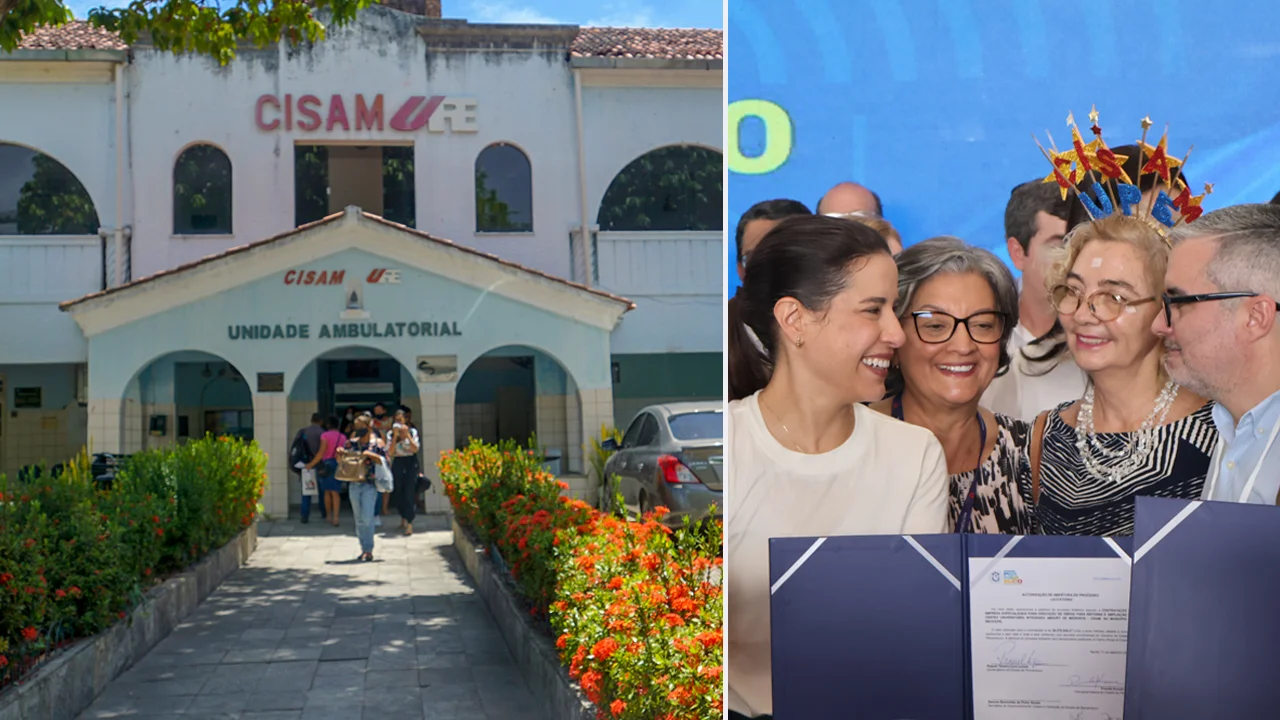 Fachada do CISAM/UPE. A governadora Raquel Lyra, a reitora da UPE Socorro Cavalcanti, entre outros gestores do Governo de Pernambuco e da UPE durante o evento Ouvir para Mudar.