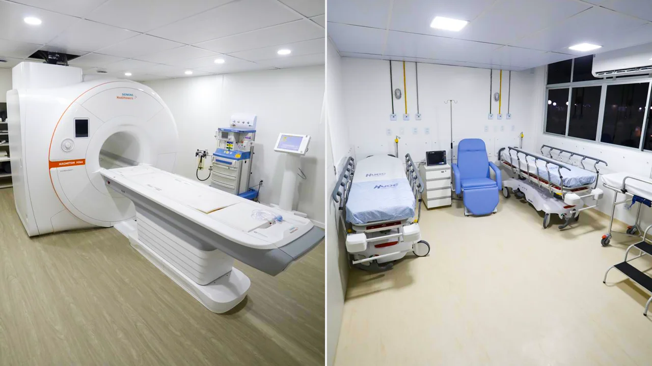 Novo espaço do Hospital Oswaldo Cruz com aparelho de ressonância magnética, e sala de enfermaria com leitos.