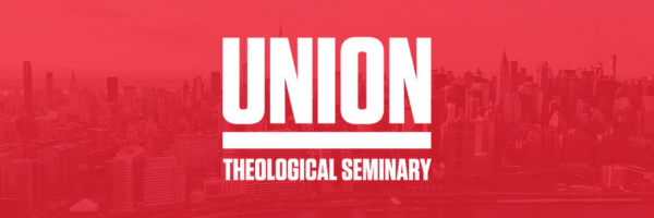 Graphic with red transparent background with picture of New York City skyline and white Union logo