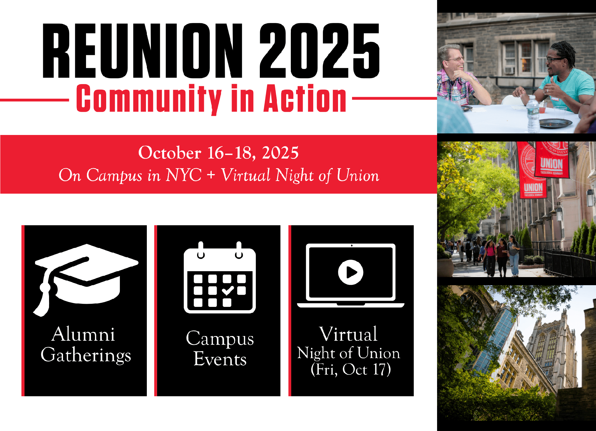 Reunion 2025 event flyer featuring dates, activities like alumni gatherings, campus events, and a virtual night. Includes campus photos and event icons, with the theme “Community in Action.”.