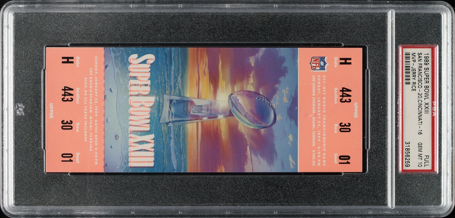1989 Super Bowl XXIII Full Ticket PSA GEM MINT 10 - MVP Jerry Rice