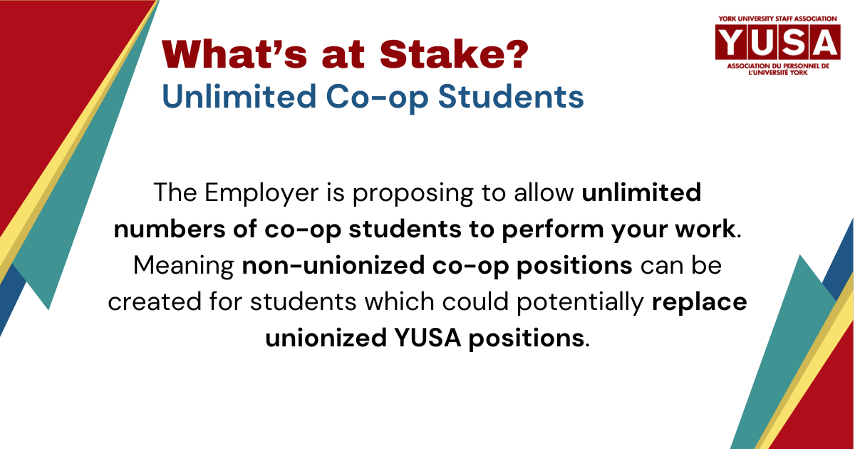 What’s at Stake? Unlimited Co-op Students.The Employer is proposing to allow unlimited numbers of co-op students to perform your work. Meaning non-unionized co-op positions can be created for students which could potentially replace unionized YUSA positions.