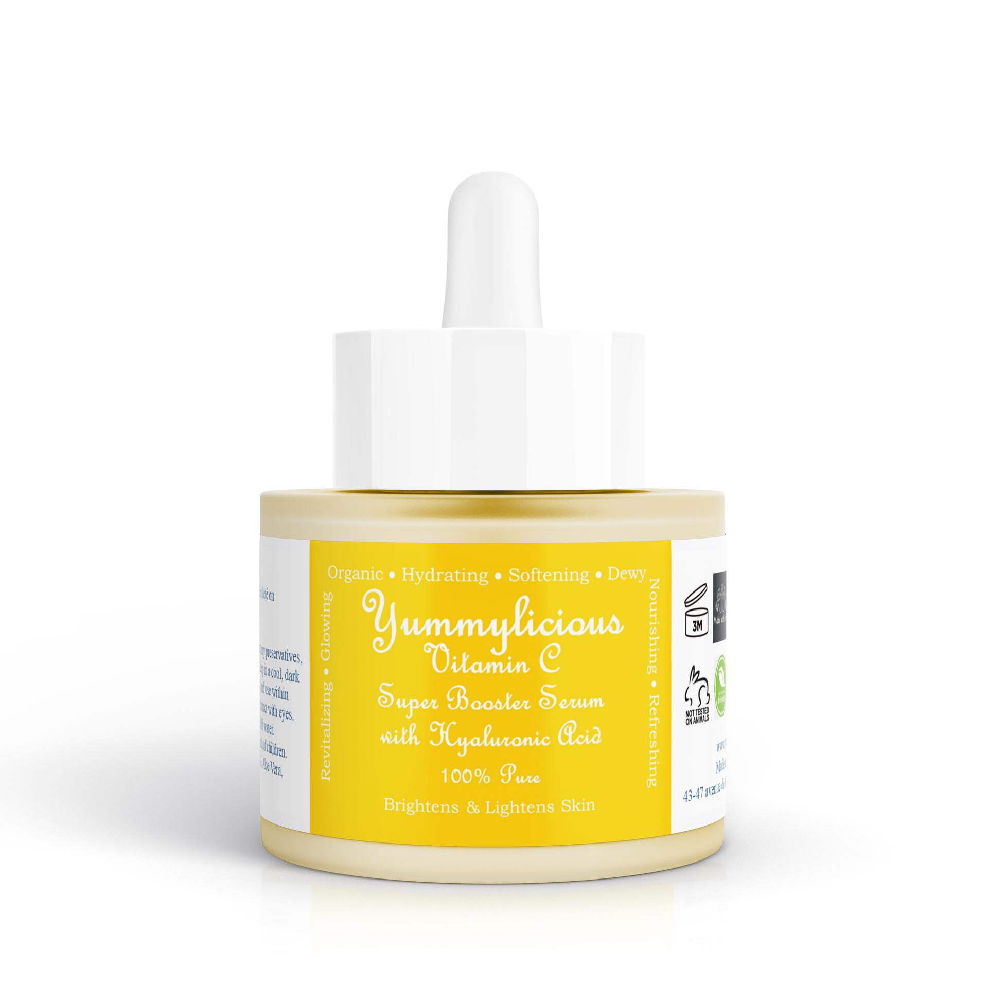 Yummylicious Vitamin C Serum combines 20% Vitamin C with Vitamin E, Rosehip, and Hyaluronic Acid to brighten skin, reduce dark spots, and enhance hydration. This antioxidant-rich formula promotes collagen production, minimizing fine lines for a youthful glow. Ideal for all skin types, it protects against environmental damage