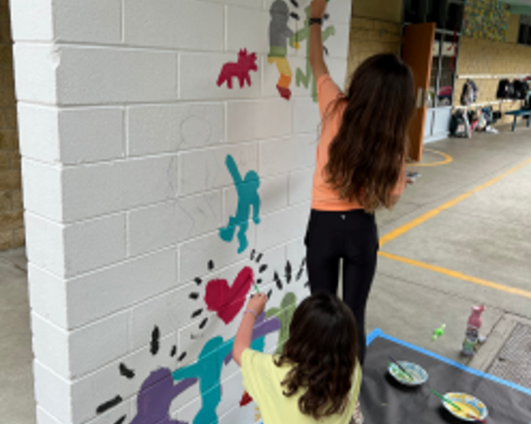 students working on the mural