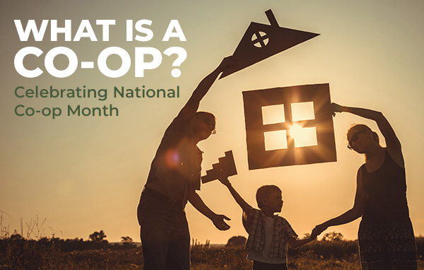 What is a Co-op? Celebrating National Co-op Month; Image: Family of three holding up pieces of a cut out house in front of the sun.