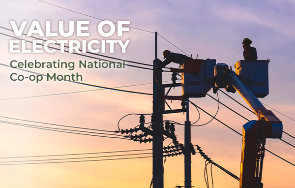 Value of Electricity; Celebrating National Co-op Month; Image: Line workers in bucket truck working on utility pole in front of sunset.