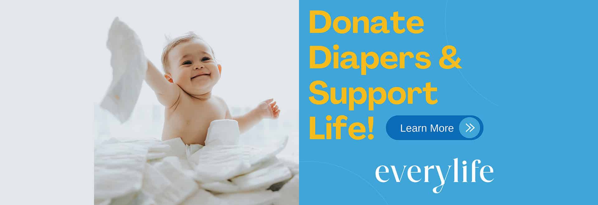 Photo of baby surrounded by diapers Link to donate diapers