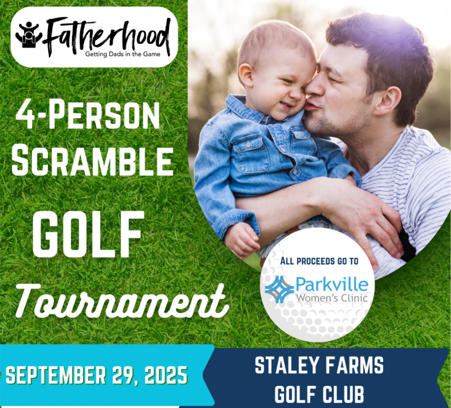 Image of dad holding son on golf tournament flyer