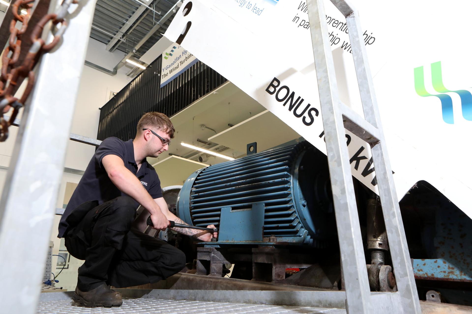 One of RWE’s apprentices working on a turbine at Coleg Llandrillo 