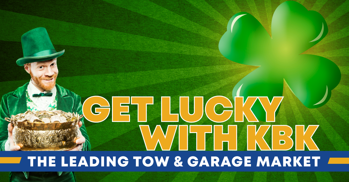 leprechaun and 4 leaf clover with text: GET LUCKY WITH KBK The Leading Tow & Garage Market