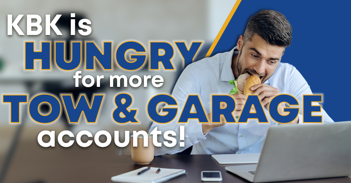 Businessman eating sandwich working with text overlay that reads: KBK is hungry for more tow & garage accounts!
