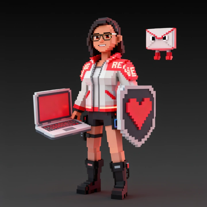 a cartoon of a woman holding a laptop and shield