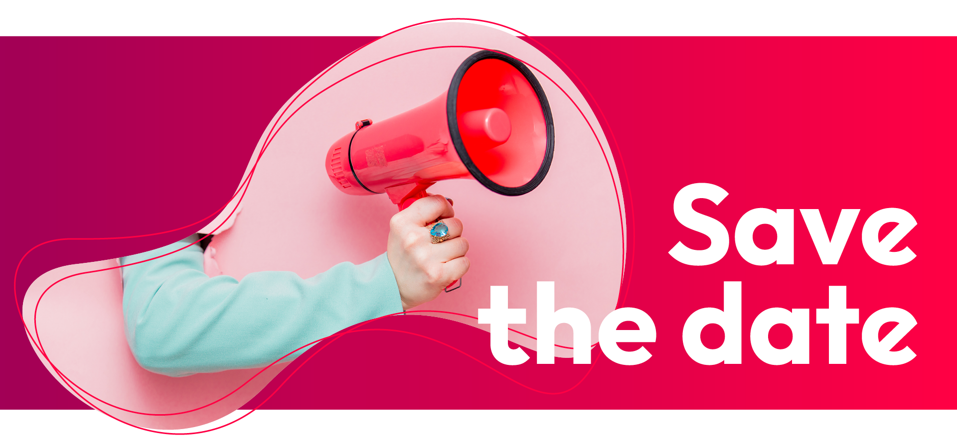 Rosa Form mit Wackelaugen. Daneben steht: „Save the date“.