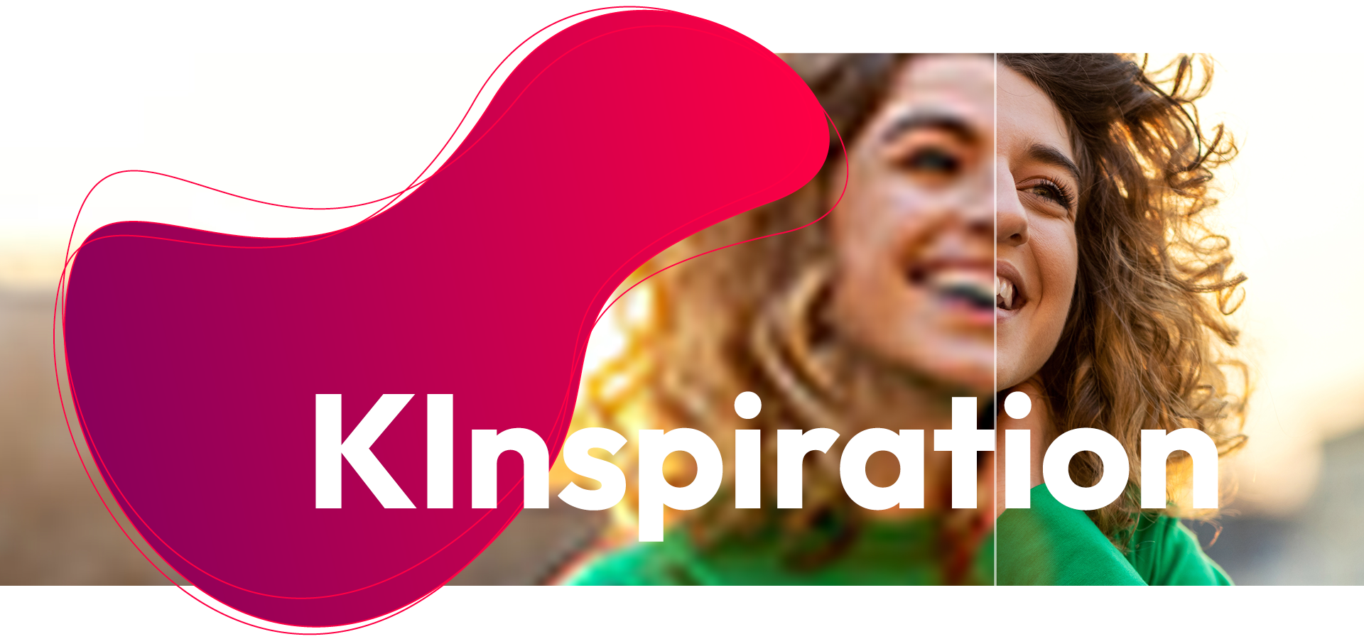 Eine junge Frau lacht. Ihre Haare sind lockig. Das Bild ist in der Mitte geteilt. Links ist es unscharf. Rechts ist es scharf. Darüber steht ein Wort: KI-nspiration. Das heißt: Künstliche Intelligenz gibt neue Ideen.