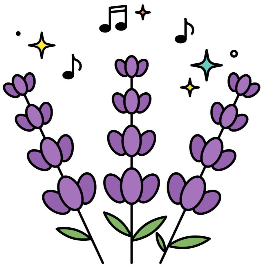 A bunch of purple flowers with music notes and stars above