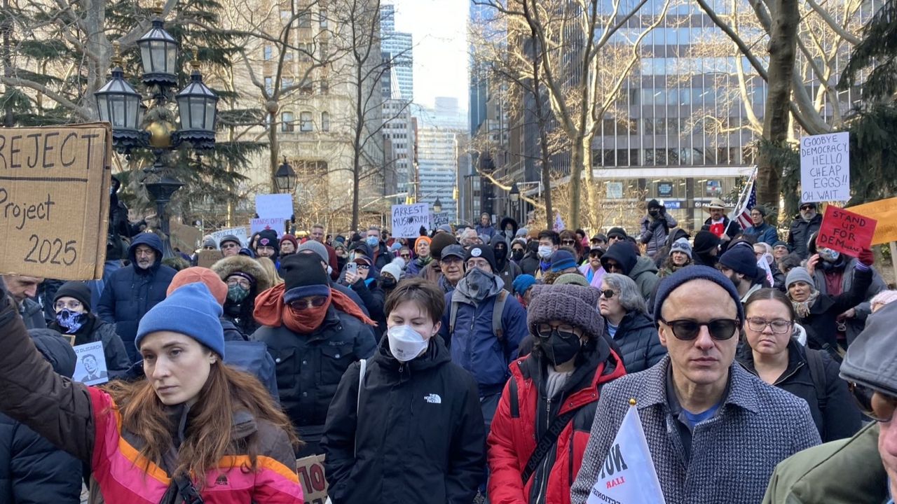 Protesters march against Trump and attacks on immigrants in New York City, February 5, 2024.